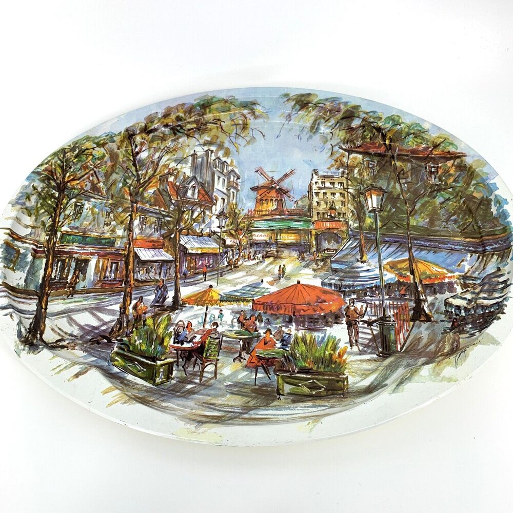 Vintage 70s Daher Metal Ware Tray PARIS Street Scene Moulin Rouge Windmill